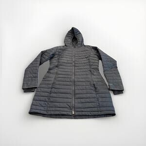 Columbia Womens Black White Out Mid Omni Heat Puffer Hooded Jacket Size L XK0679